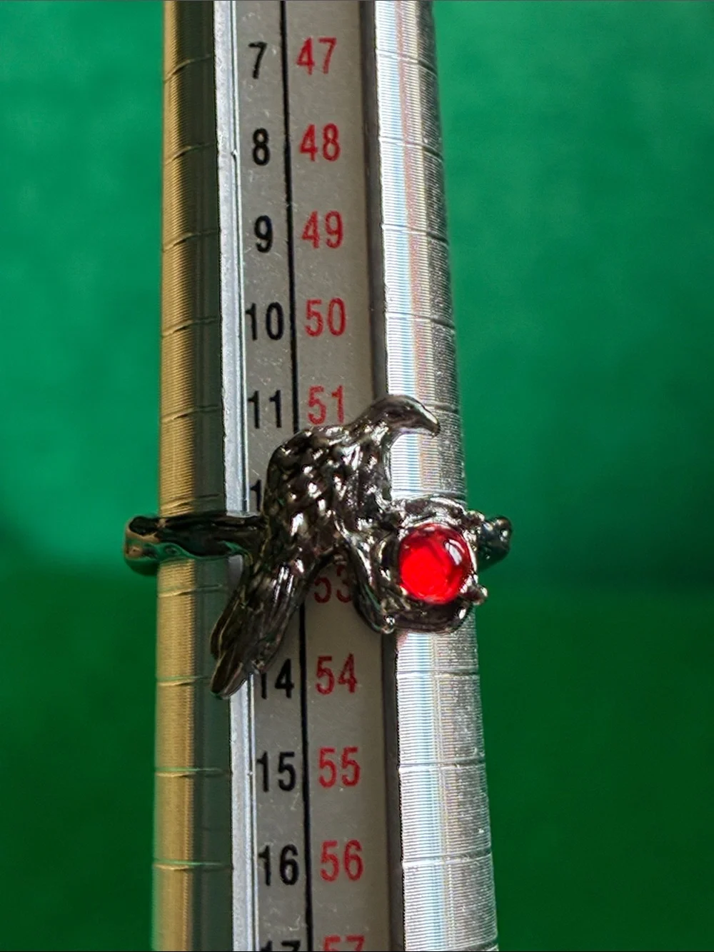 Gothic black raven crow red stone ring open adjustable band Edgar Allan Poe OS